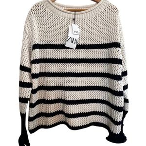 Zara Oversized Open Knit Sweater with Stripes Button Sleeves Size M/L - NWT